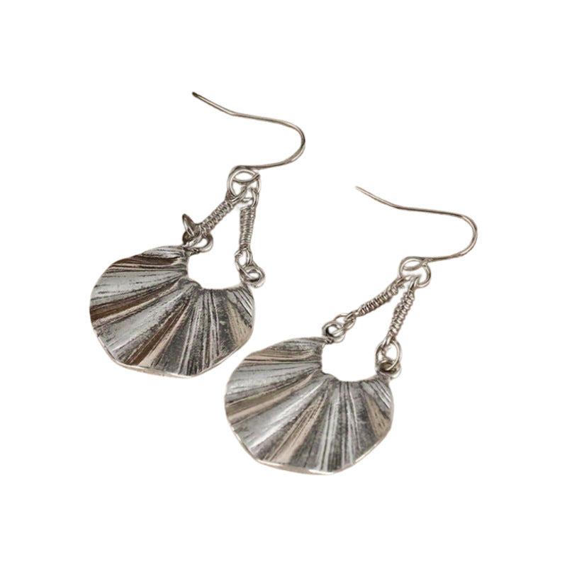 Bohemian Charming Textured Silver Fan Drop Earrings