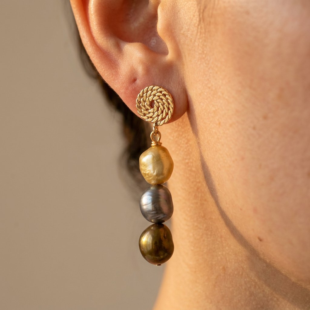 Bohemian Gold Braided Disc Triple Pearl Earrings