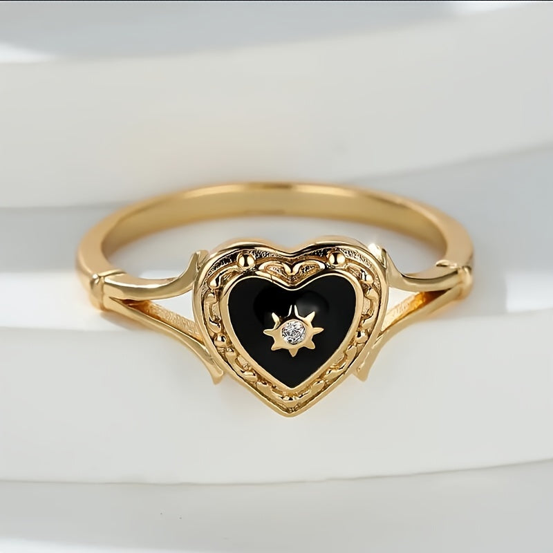 Bohemian Golden Sun Black Heart Design Paved Zirconia Ring