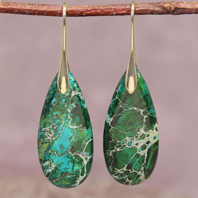 Bohemian Green Natural Stone Teardrop Earrings