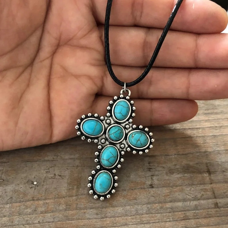 Bohemian Retro Silver Tone Turquoise Cross Pendant Necklace