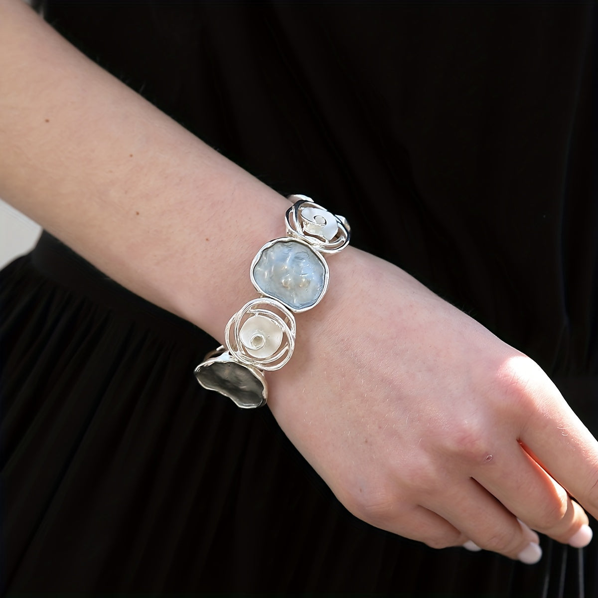 Bohemian Round Flower Geometric Design Cuff Elastic Bracelet