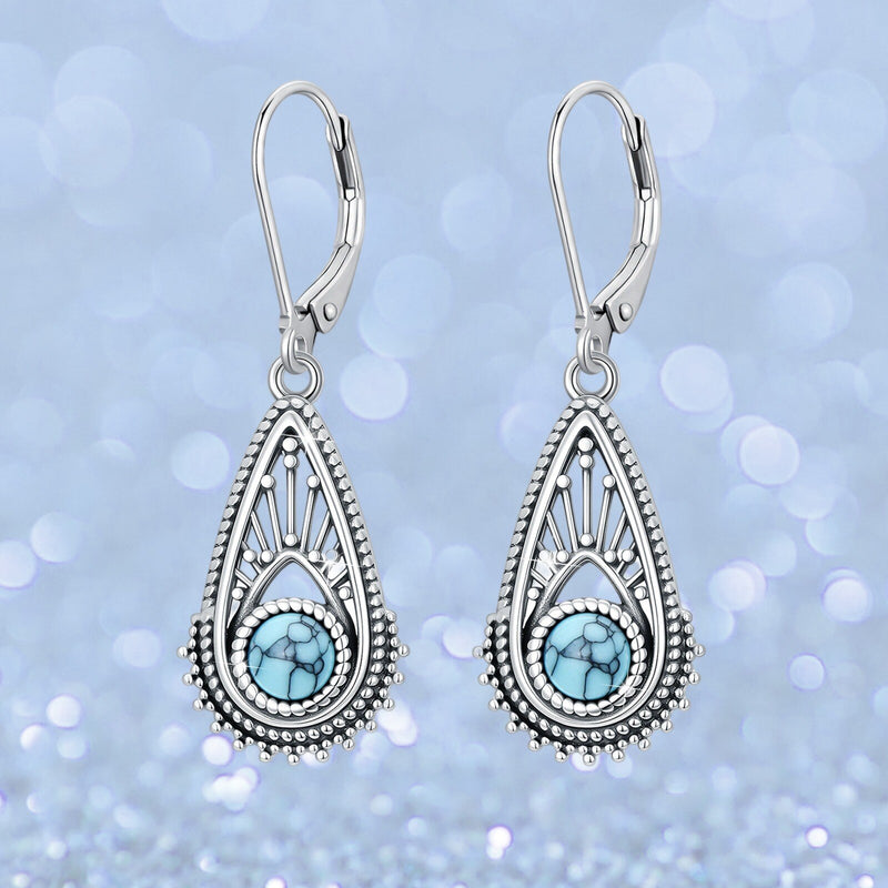 Bohemian Silver Plated Filigree Teardrop Turquoise Dangle Earrings