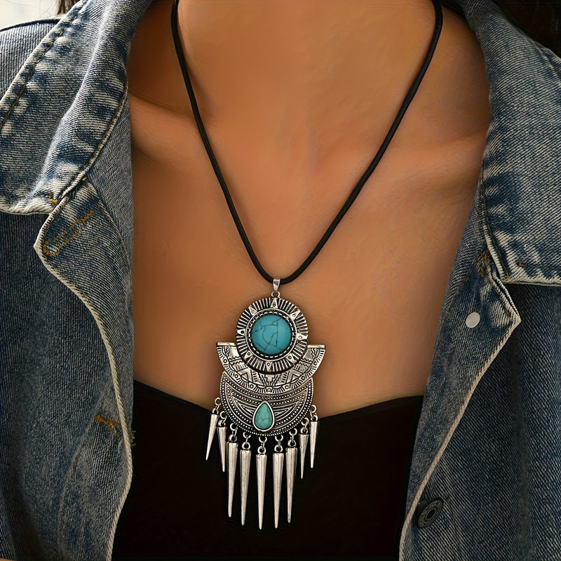 Bohemian Spike Tassel Design Turquoise Pendant Necklace