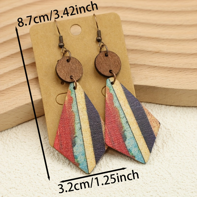 Bohemian Style Striped Wooden Inlay Drop Earrings