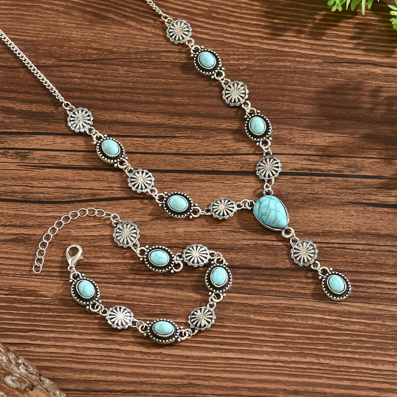 Bohemian Turquoise & Silver Floral Necklace and Bracelet Set