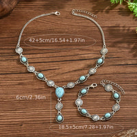 Bohemian Turquoise & Silver Floral Necklace and Bracelet Set