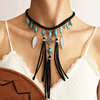 Bohemian Turquoise Beads Silver Feather Tassel Necklace