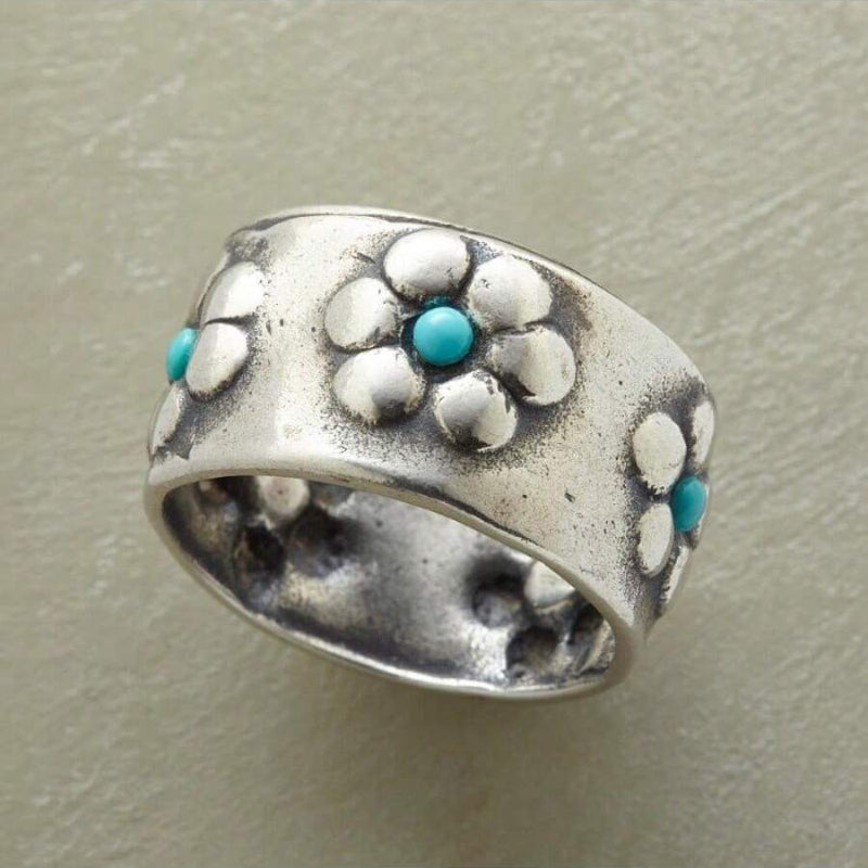 Bohemian Vibrant Silvery Flower Turquoise Wide Ring