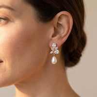 Bridal Gold Crystal Cluster Pearl Drop Earrings