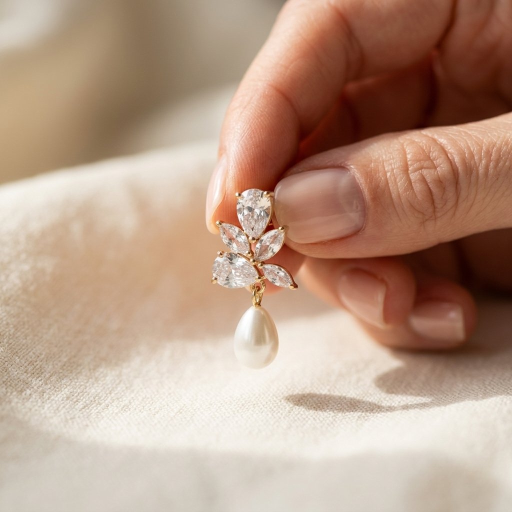 Bridal Gold Crystal Cluster Pearl Drop Earrings