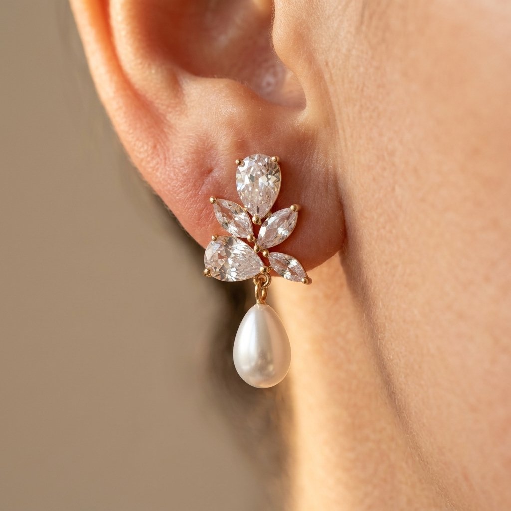 Bridal Gold Crystal Cluster Pearl Drop Earrings