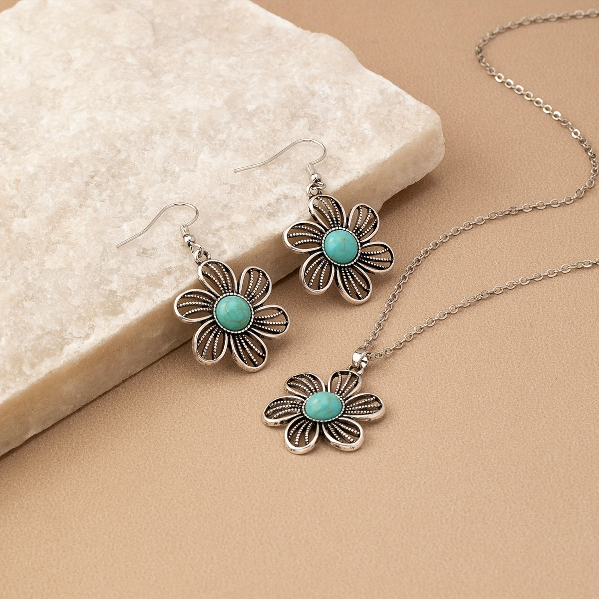 Vintage Boho Turquoise Flower Earrings Necklace Jewelry Set