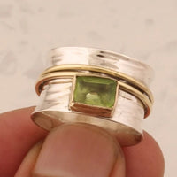 Vintage Hammered Silver Gold Peridot Ring