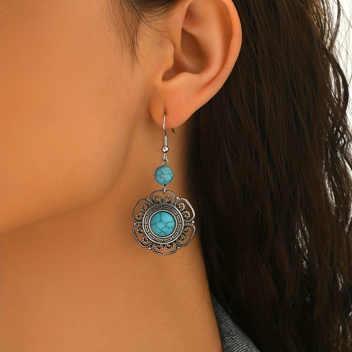 Bohemian Filigree Flower Shaped Turquoise Drop Earrings