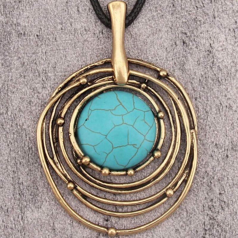 Classic Black Wax Cord Turquoise Stone Long Necklace