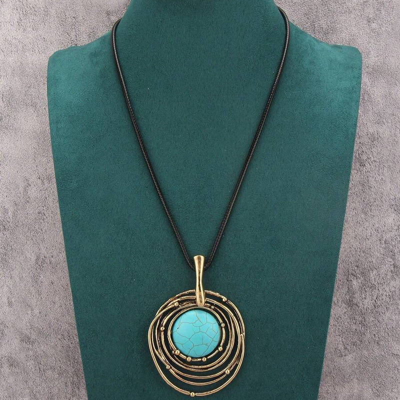 Classic Black Wax Cord Turquoise Stone Long Necklace