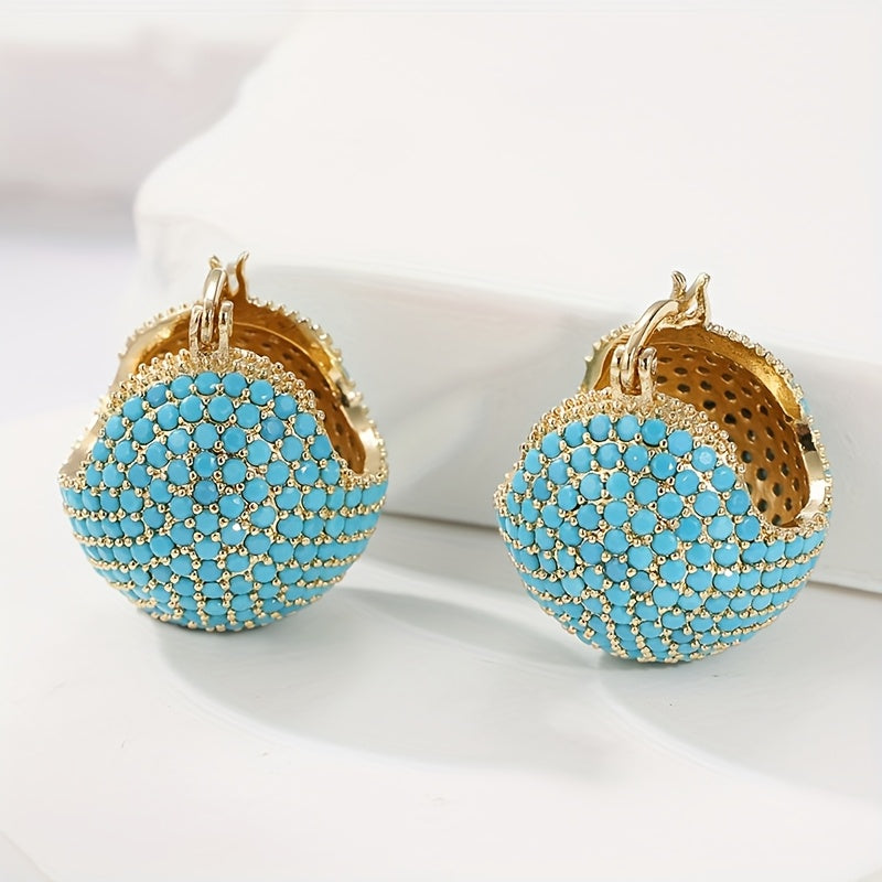 Classic Retro Style Gold Turquoise Dome Hoop Earrings