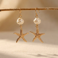 Coastal Gold Pearl Starfish Drop Earrings