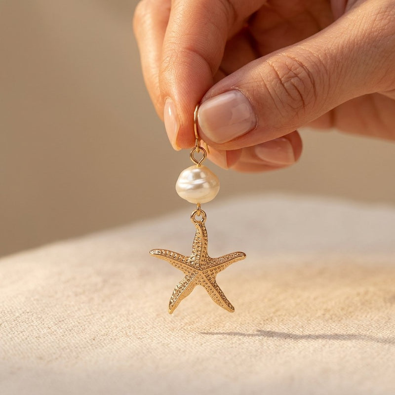 Coastal Gold Pearl Starfish Drop Earrings