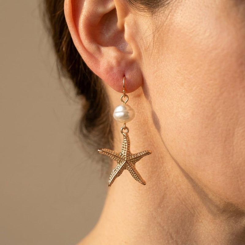Coastal Gold Pearl Starfish Drop Earrings
