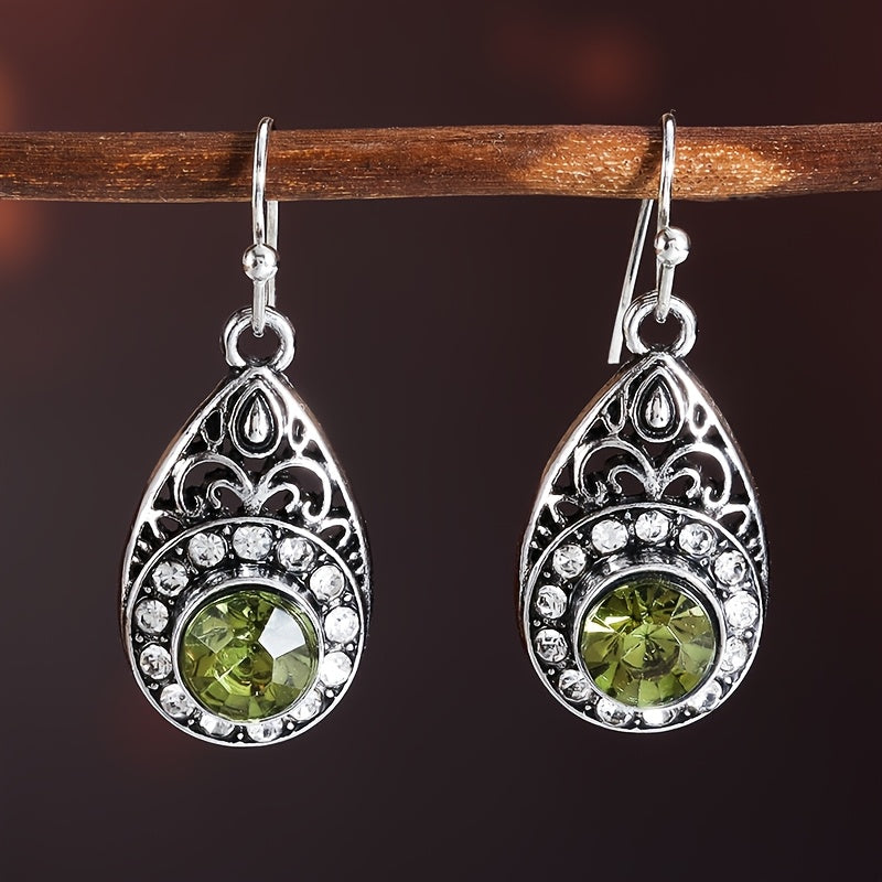 Retro Ethnic Style Water Droplet Green Zirconia Pendant Earrings