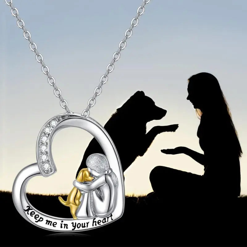 Silver heart necklace with dog and zirconia stones
