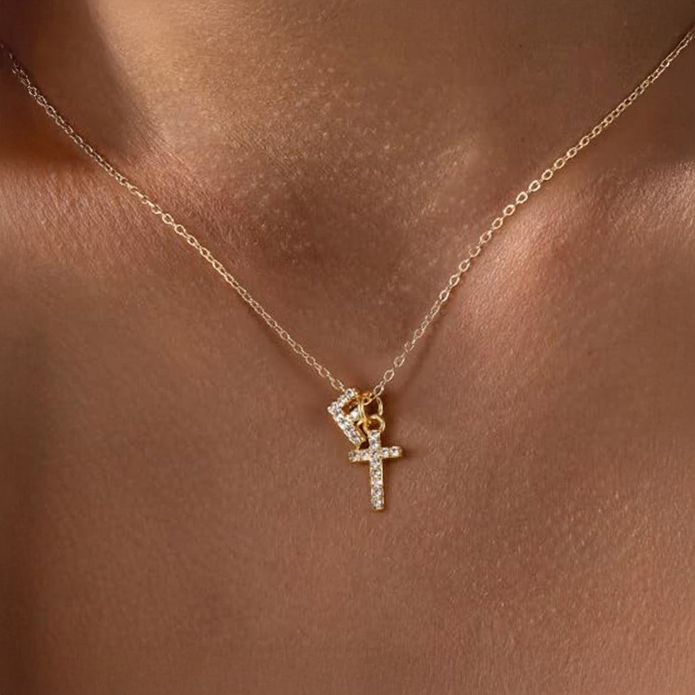 Dainty Diamond Initial & Cross Pendant Necklace