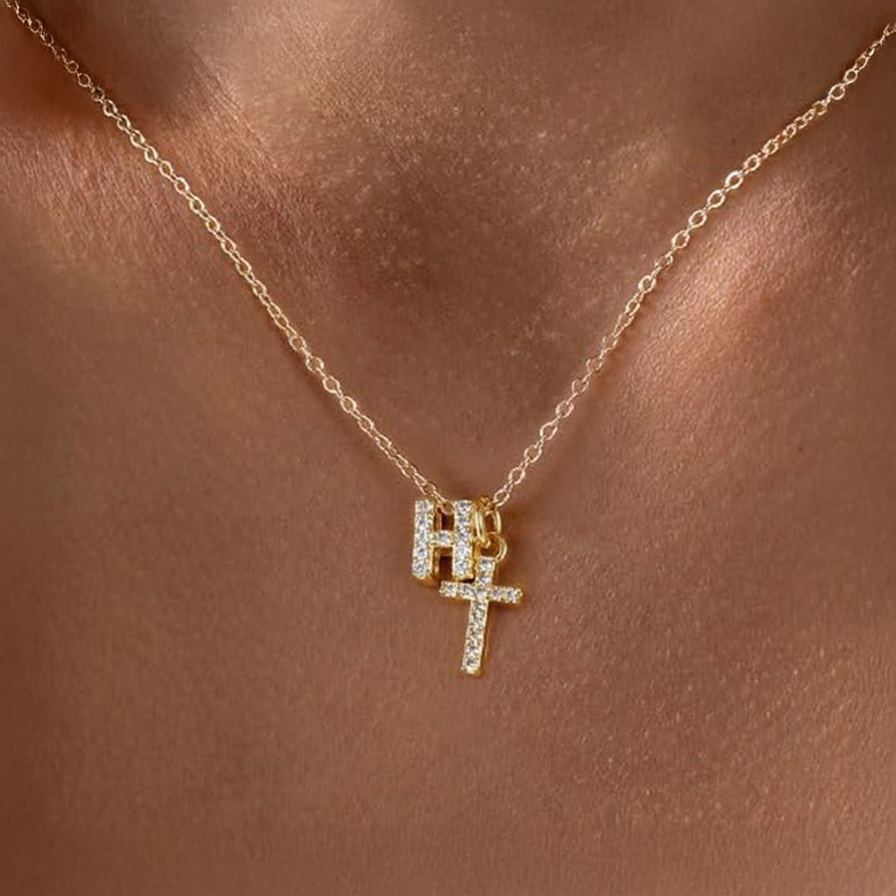 Dainty Diamond Initial & Cross Pendant Necklace