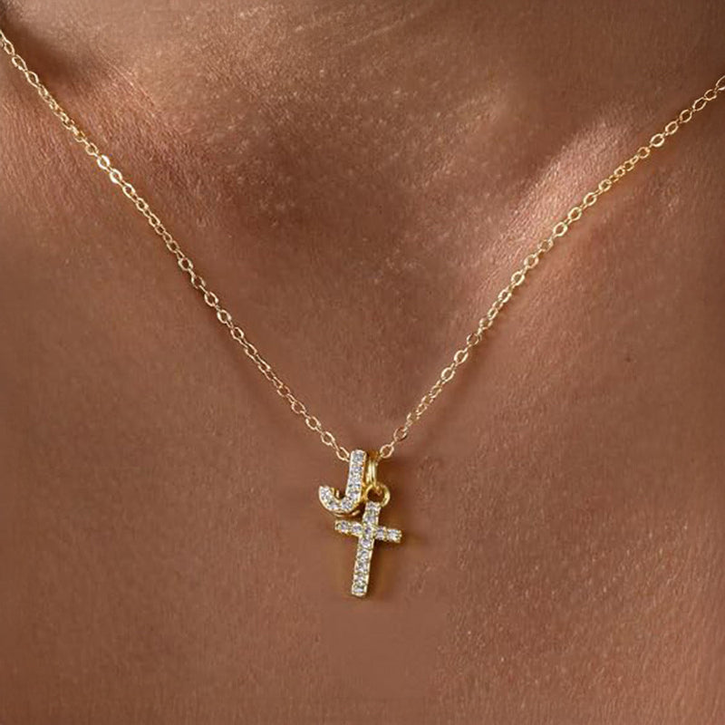 Dainty Diamond Initial & Cross Pendant Necklace