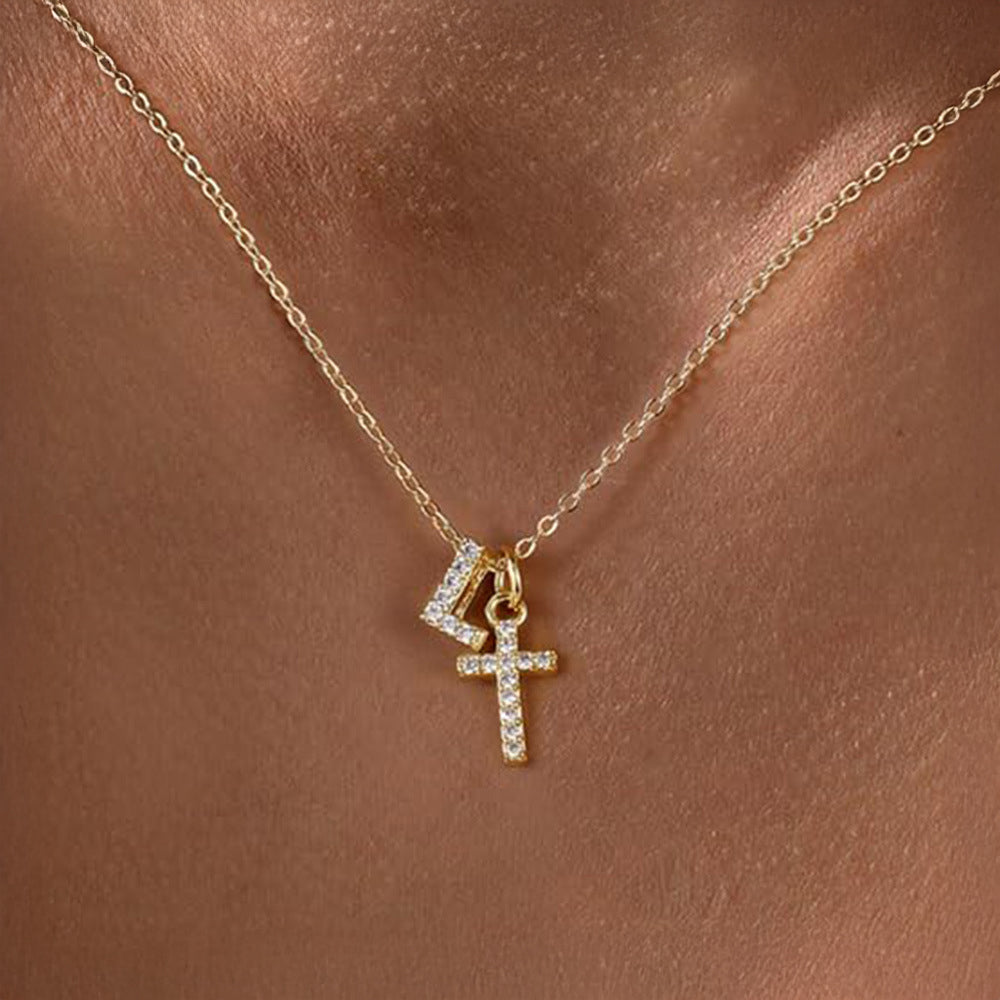 Dainty Diamond Initial & Cross Pendant Necklace