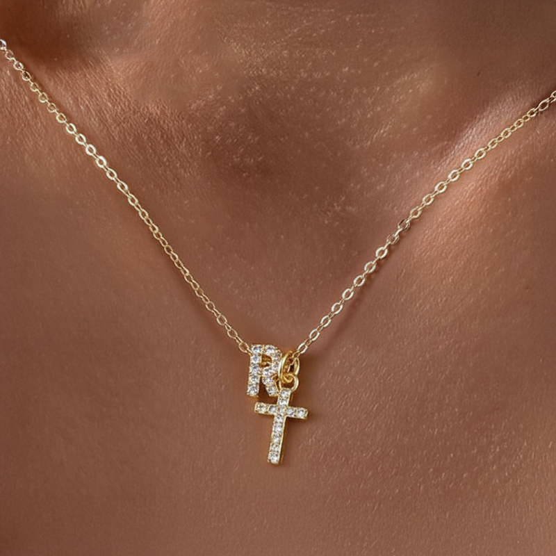 Dainty Diamond Initial & Cross Pendant Necklace