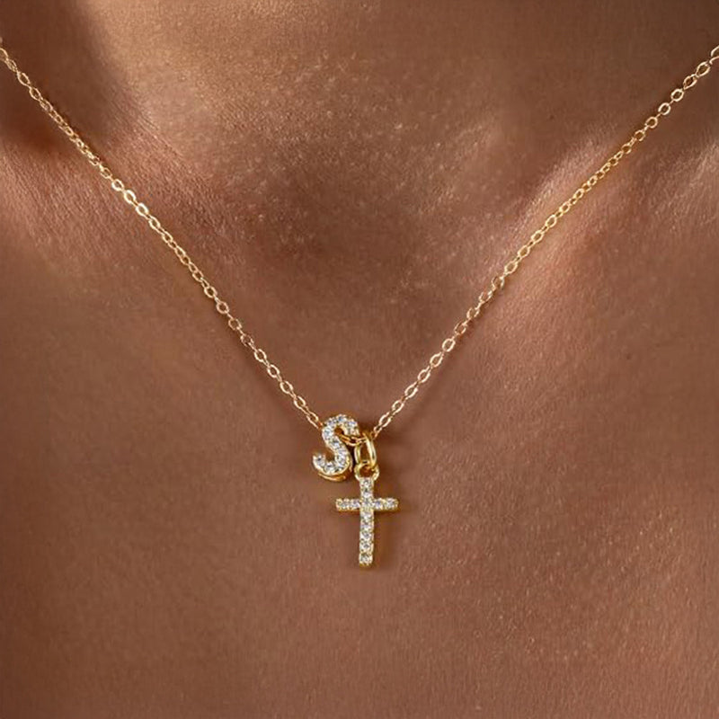 Dainty Diamond Initial & Cross Pendant Necklace