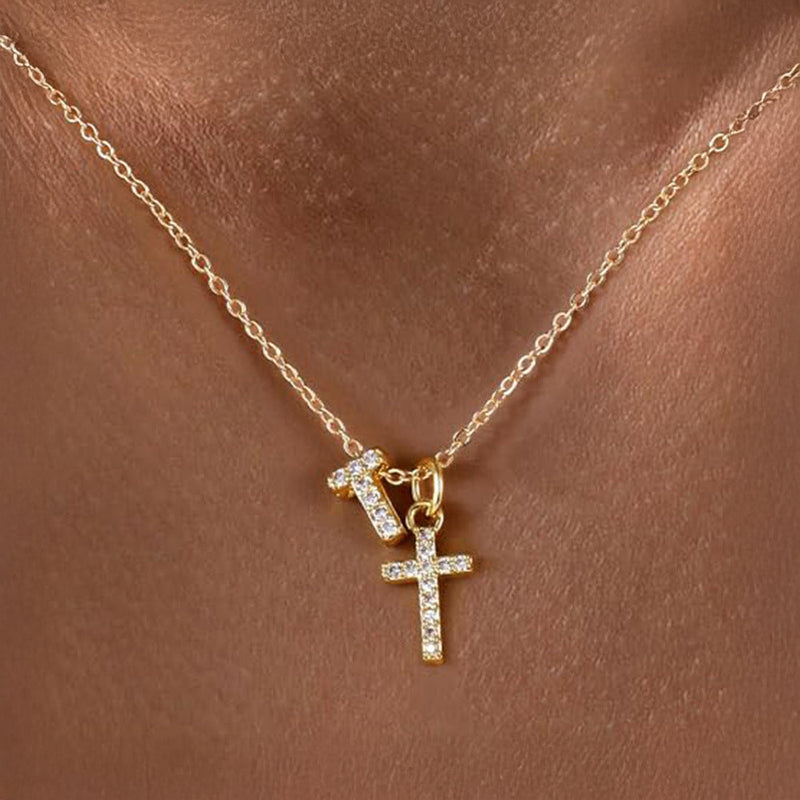 Dainty Diamond Initial & Cross Pendant Necklace
