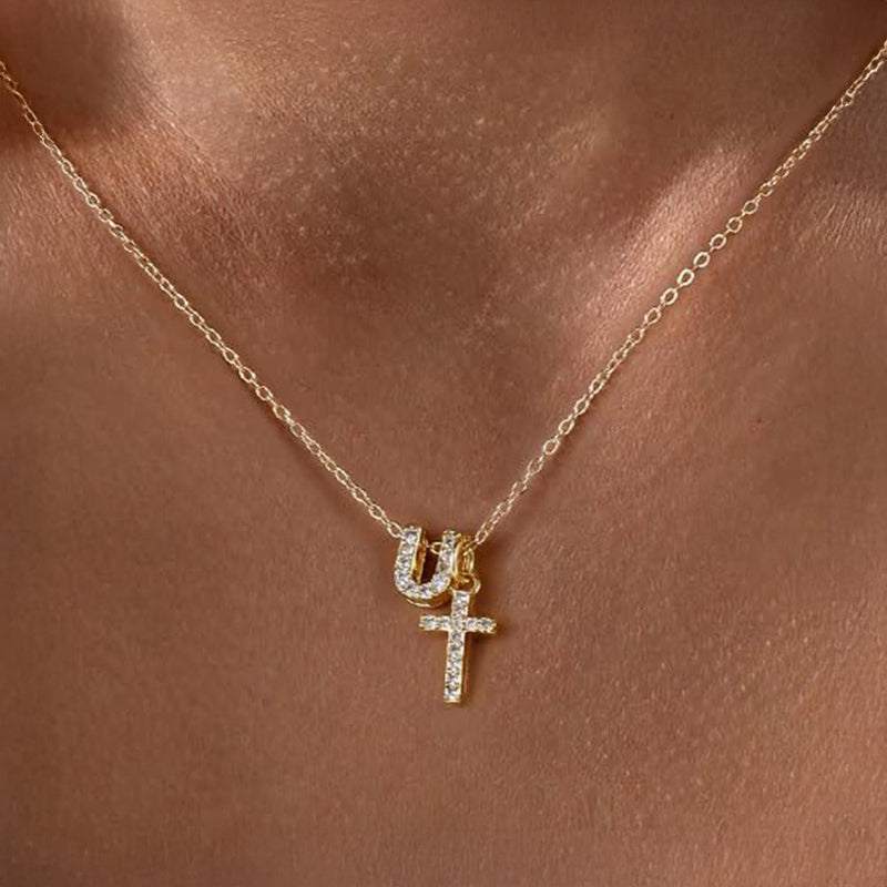 Dainty Diamond Initial & Cross Pendant Necklace