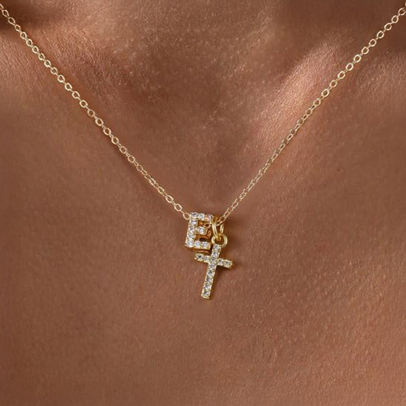 Dainty Diamond Initial & Cross Pendant Necklace