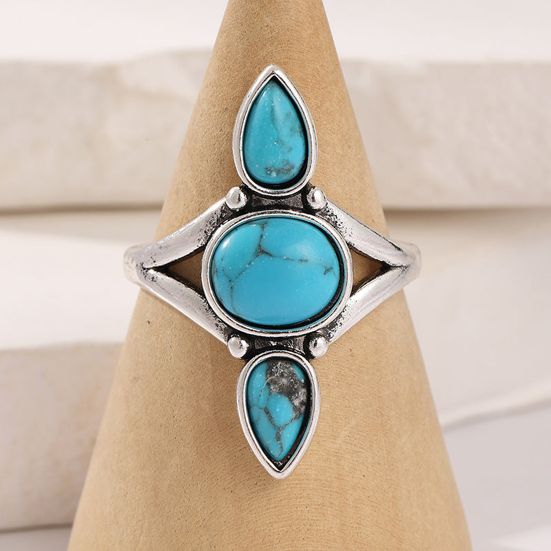 Bohemian Gold White Plated Drop Oval Turquoise Inlaid Ring