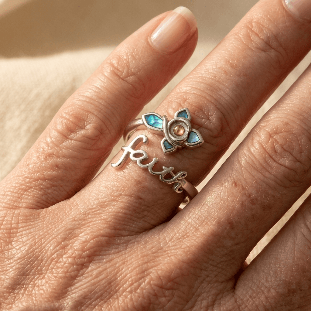 Ring - Wholesale 925 Sterling Silver Faith Cross Mustard Seed Abalone Shell A