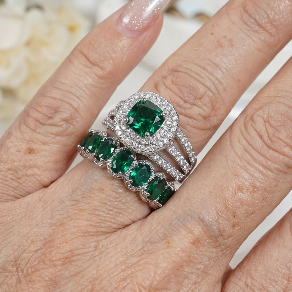 Nl/2 Stuks Set Dames Band Ring Luxe 4 Klauw Pave Glanzende Synthetische Zirkonia Ring Set Dames Banket Bruiloft Koppels Verloving High End Sieraden Multi Color Optioneel