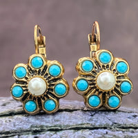 Vintage Style Turquoise And Pearls Flower Earrings