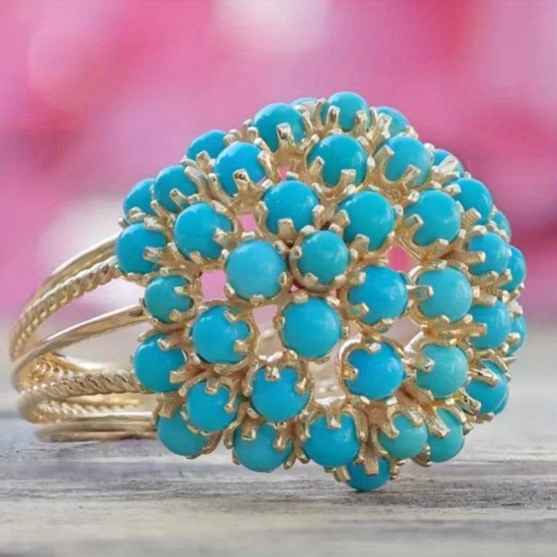 Yoyo Womens Turquoise Ring Vintage Bohemian Kc Golden Plated Turquoise Cluster Ring With Round Bezel Setting Antique Blue Green Gemstone Jewelry Gift For Her Wedding Anniversary Casual Attire Turquoise Stones Rings For Women Ring For Women Rings For Wo...