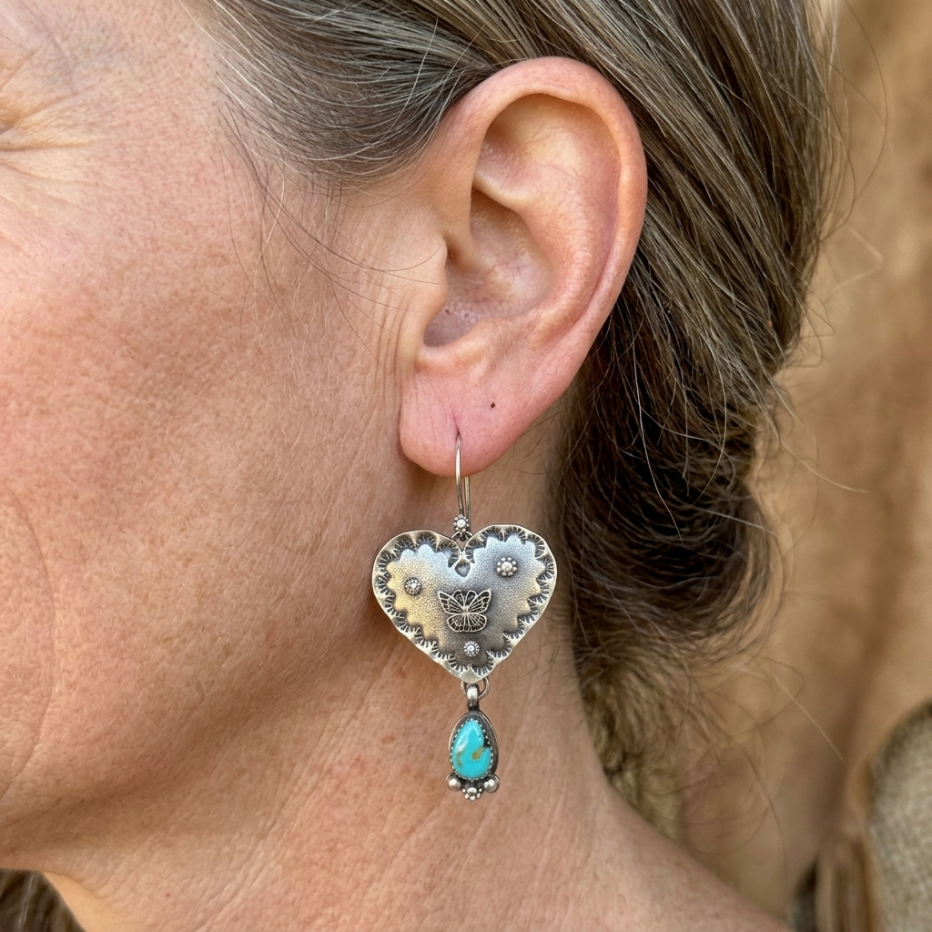 Artisan Handmade Turquoise Silvery Heart Dangle Earrings Handmade Jewelry