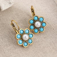 Vintage Style Turquoise And Pearls Flower Earrings