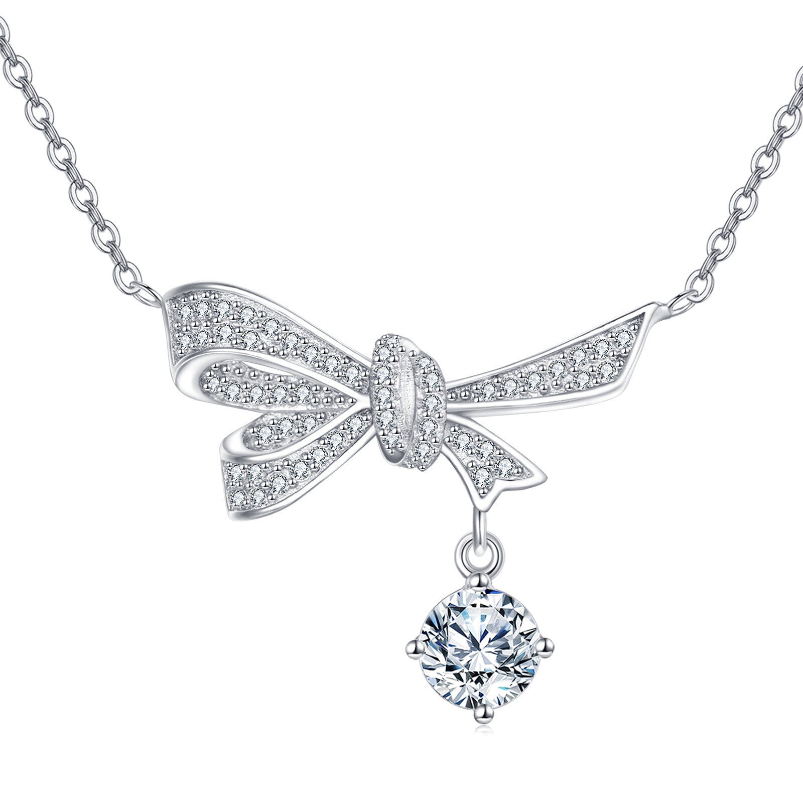 925 Sterling Silver Elegant Silver Bow Necklace With Dangling Moissani