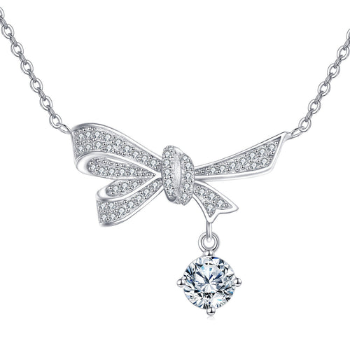 925 Sterling Silver Elegant Silver Bow Necklace With Dangling Moissani