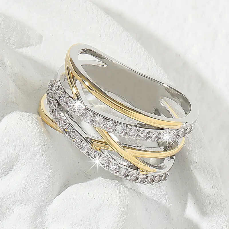 Elegant Gold and Silver Zirconia Inlaid Stacked Ring