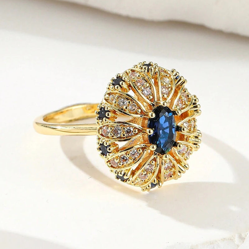 Elegant Gold Plated Sunflower Design Blue Zirconia Inlaid Ring