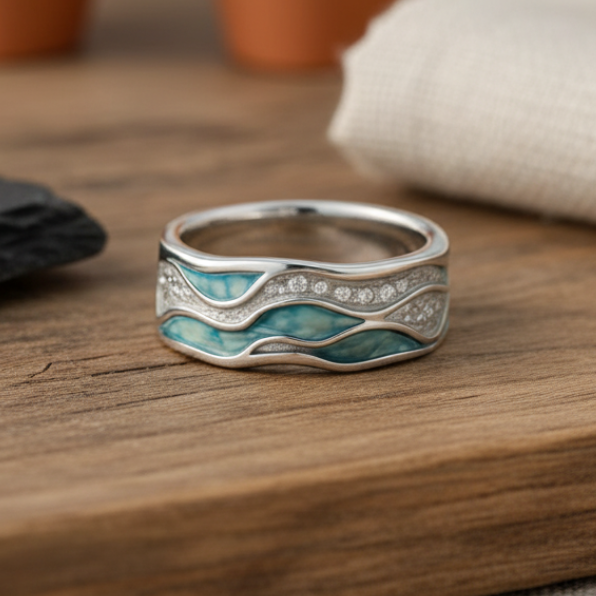Elegant Turquoise Silver Waves Ring