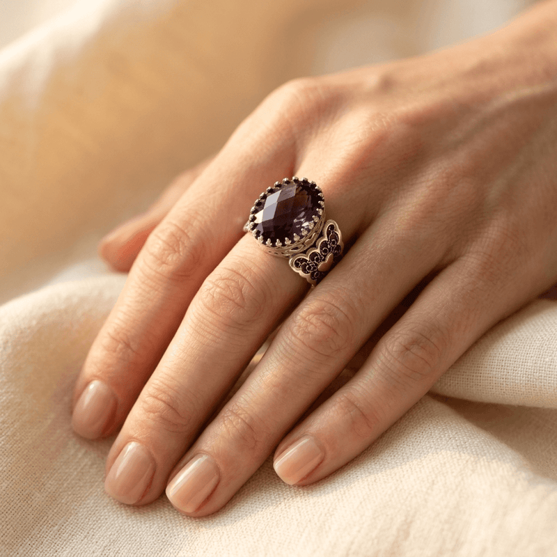 Ethnic Hand Carved Purple Zirconia Heart Ring