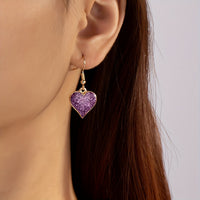 Elegant Purple Glitter Heart Dangle Earrings